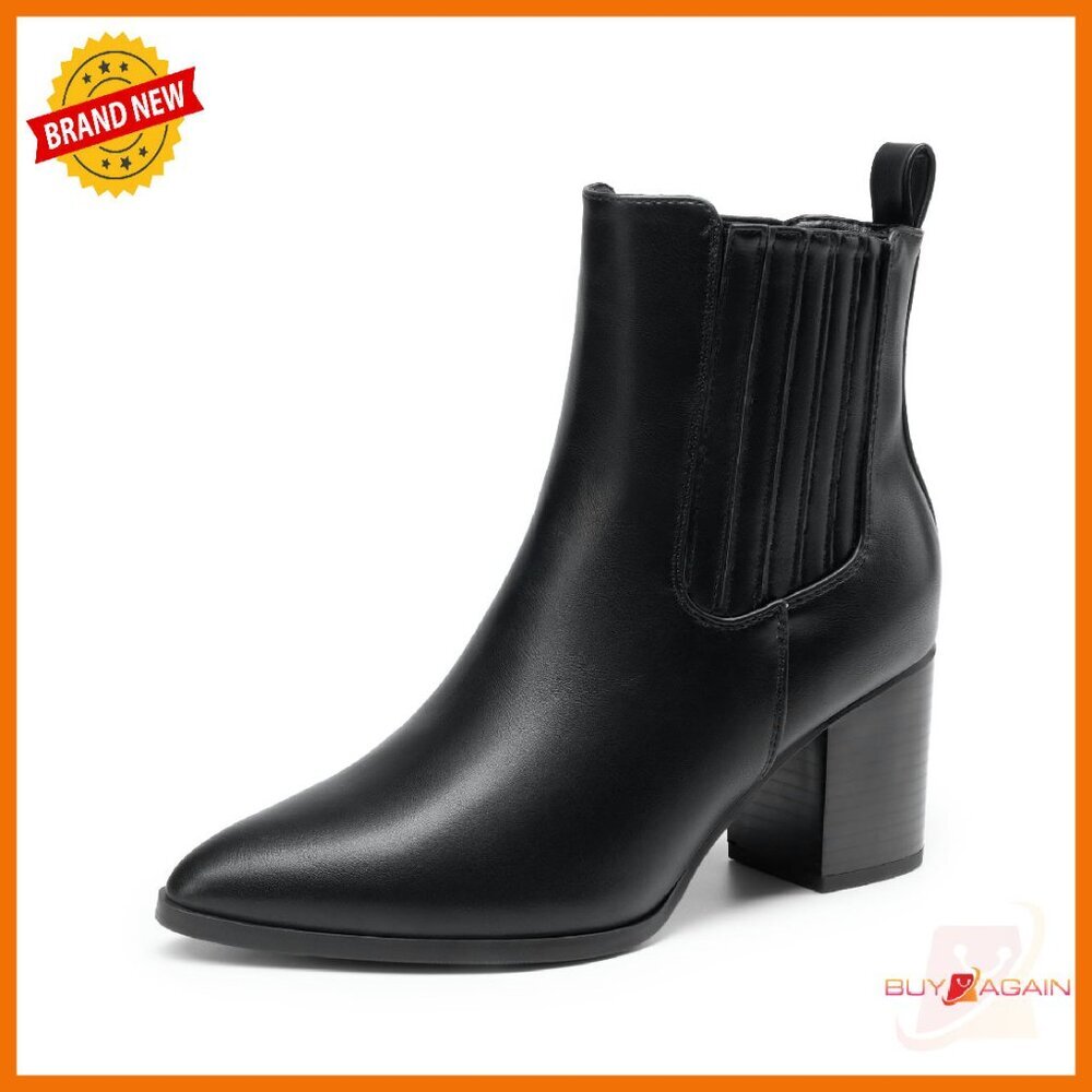 Women's Ankle Boots Pointed Toe Chunky Block Heel Slip On Booties